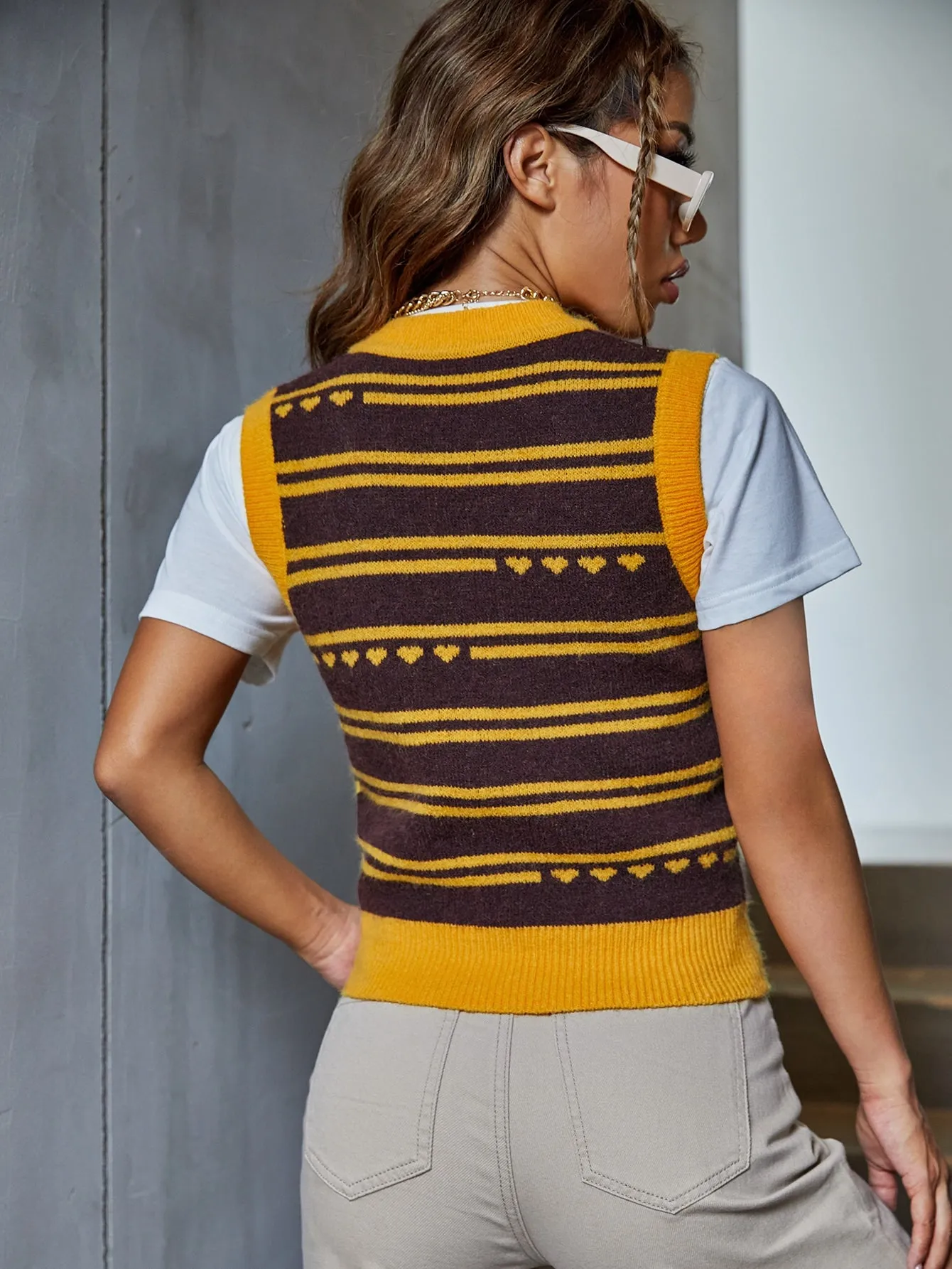 Casual Striped Sleeveless V Neck Crop Women Knit Top