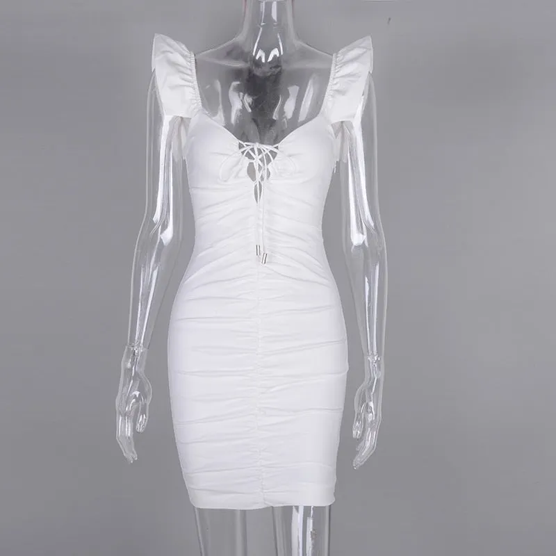 Deep V-Neck Cut Out Lace Up Butterfly Sleeve Women Mini Dress
