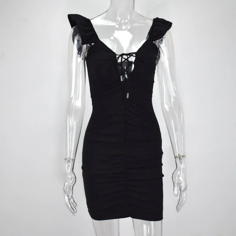 Deep V-Neck Cut Out Lace Up Butterfly Sleeve Women Mini Dress