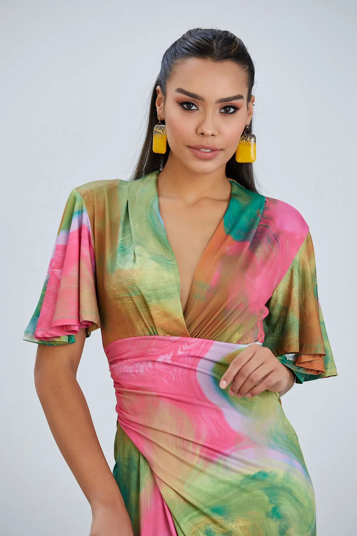 Ethereal Angel Sleeve Wrap Dress in Samui Green Print