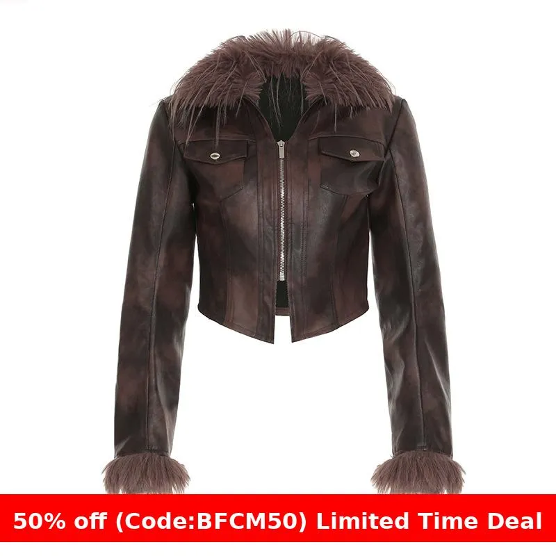 Fashionkova 90s streetwear Street Retro Wild Fur Collar Stitching Motorcycle Leather Coat Women's Pocket Design Zipper Slim Short Jacket