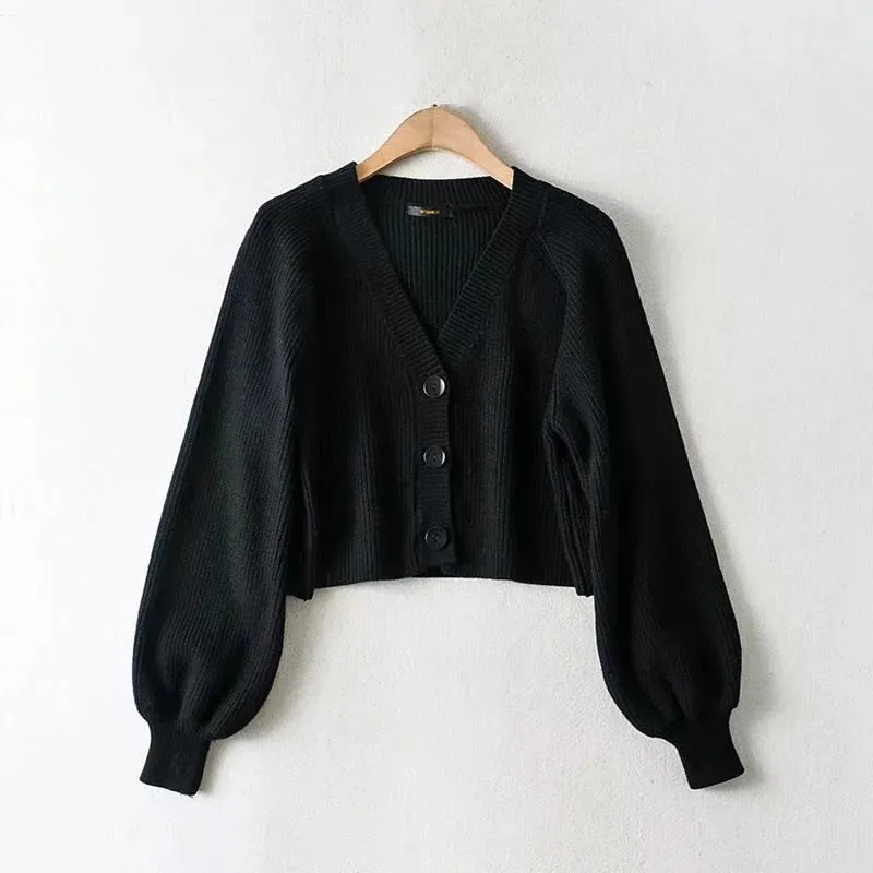 Girlary-shop summer outfits inspo Sweater Women's Net Red Women's Clothing Spring and Autumn New Lantern Sleeve Loose Sweater Single-Breasted Short Coat