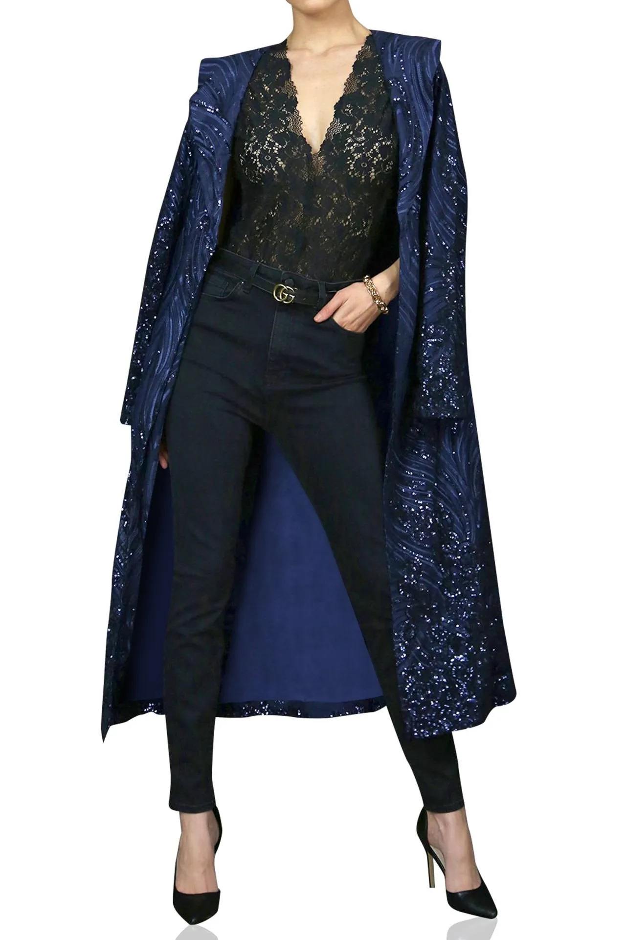 Navy Blue Sequin Duster Jacket