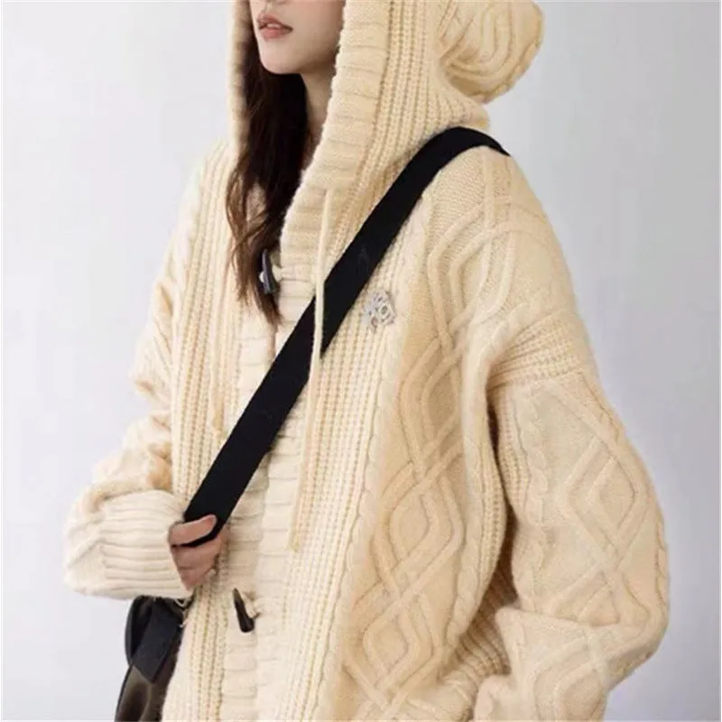 Nukty-shop outfit inspo Retro Green Horn Buckle Twist Sweater Coat for Women Spring and Autumn Loose Lazy Hooded Knitted Cardigan Thickened Upper
