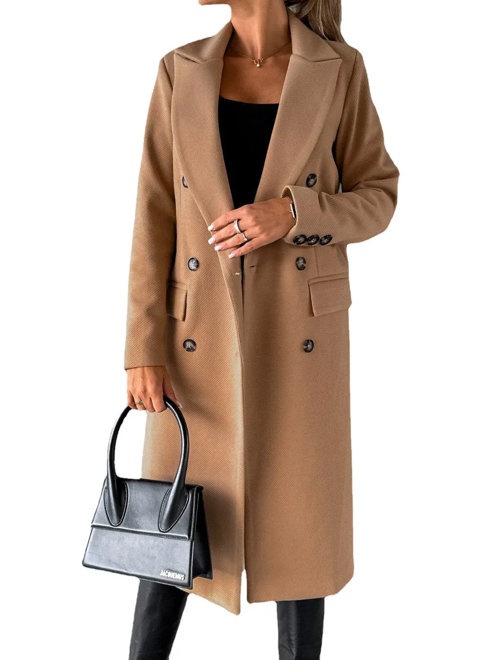 Nukty-shop Women's Spring 2024 New Coat All-Match Woolen Coat Solid Color Long Sleeve Double Breasted Pocket