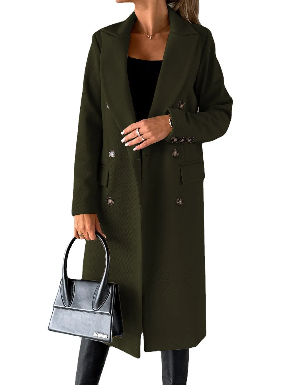 Nukty-shop Women's Spring 2024 New Coat All-Match Woolen Coat Solid Color Long Sleeve Double Breasted Pocket