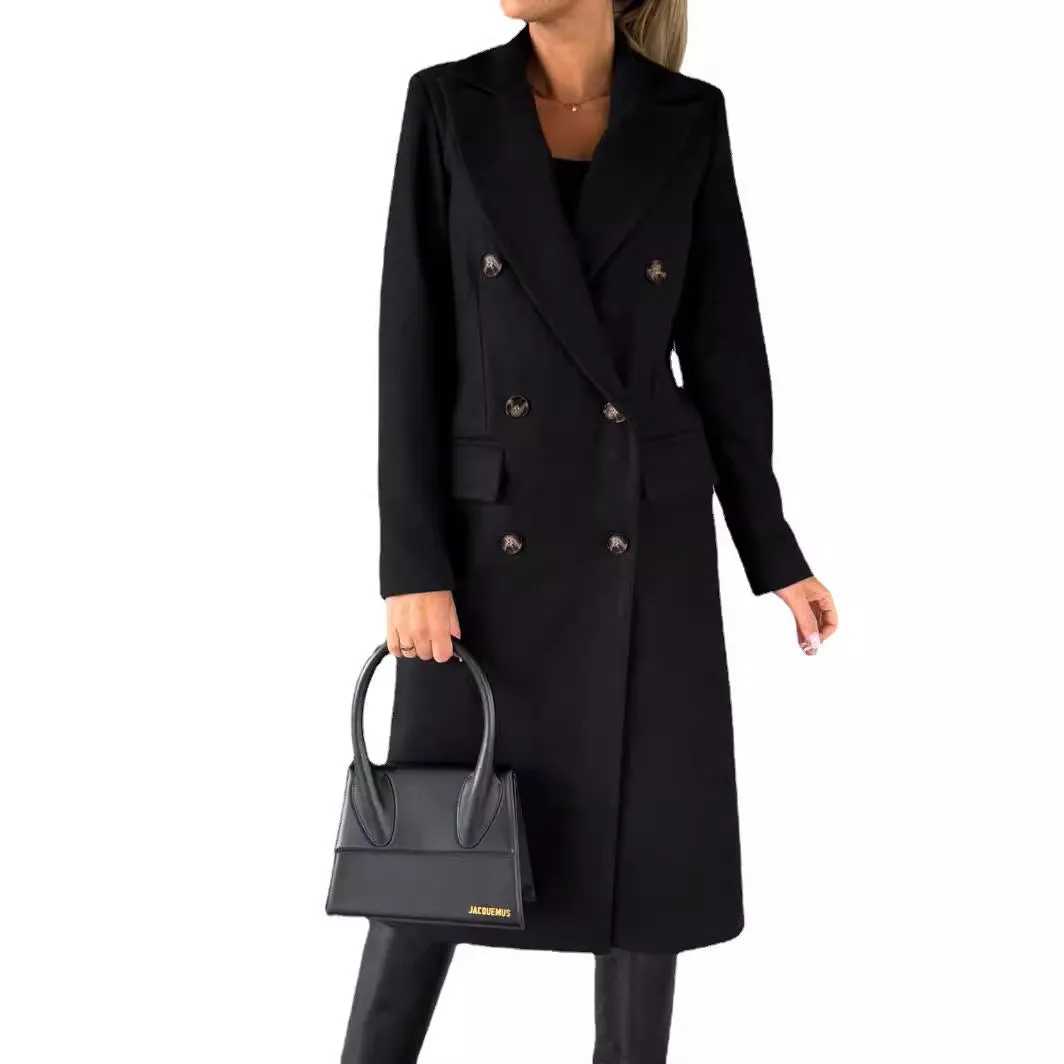 Nukty-shop Women's Spring 2024 New Coat All-Match Woolen Coat Solid Color Long Sleeve Double Breasted Pocket