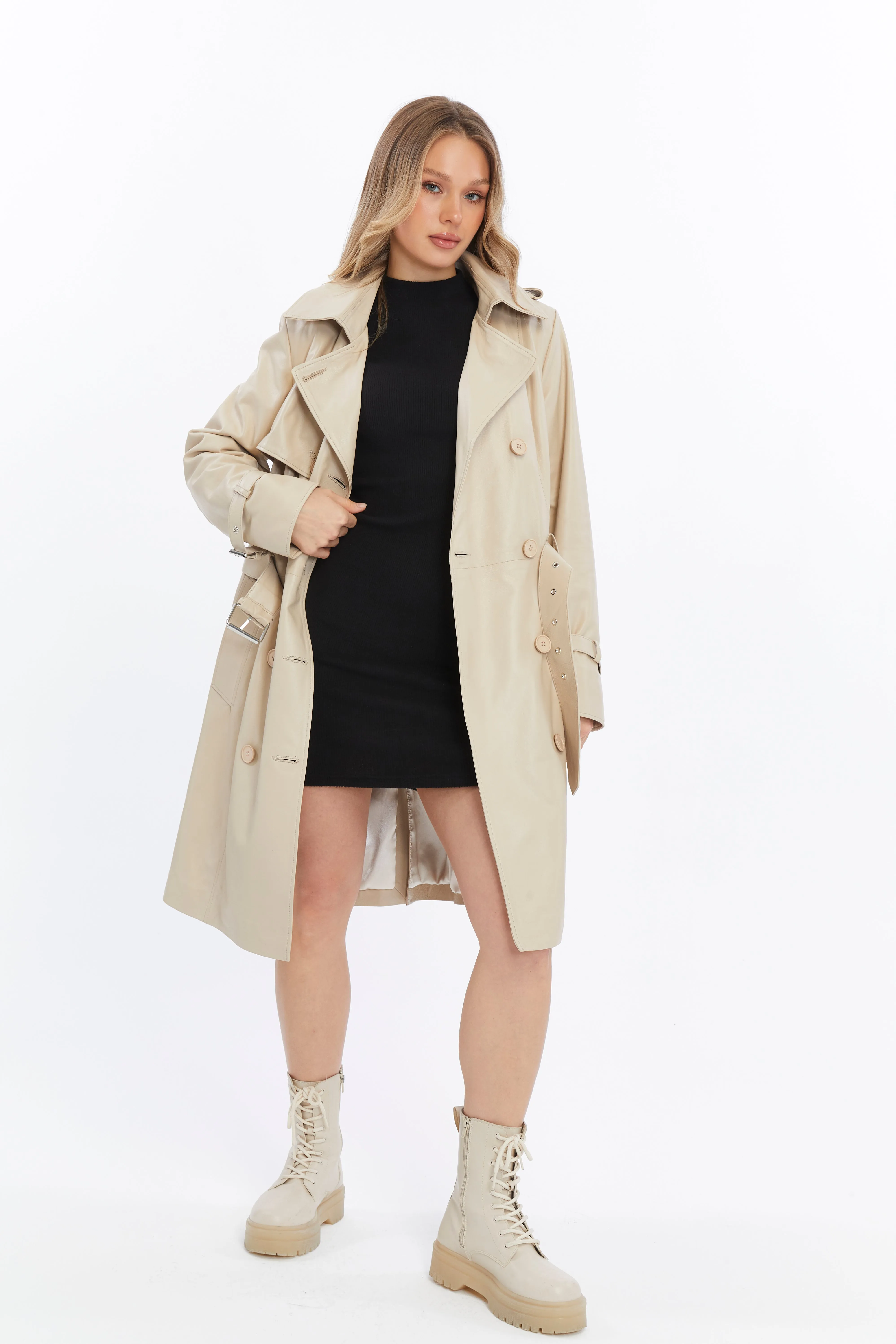 Soho Leather Trench Coat, Beige