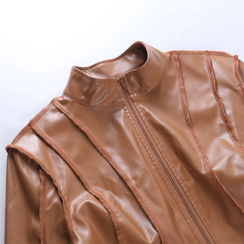 Trendsetter dew umblical pleated ultra short zipper leather coat balero cardigan street hipster